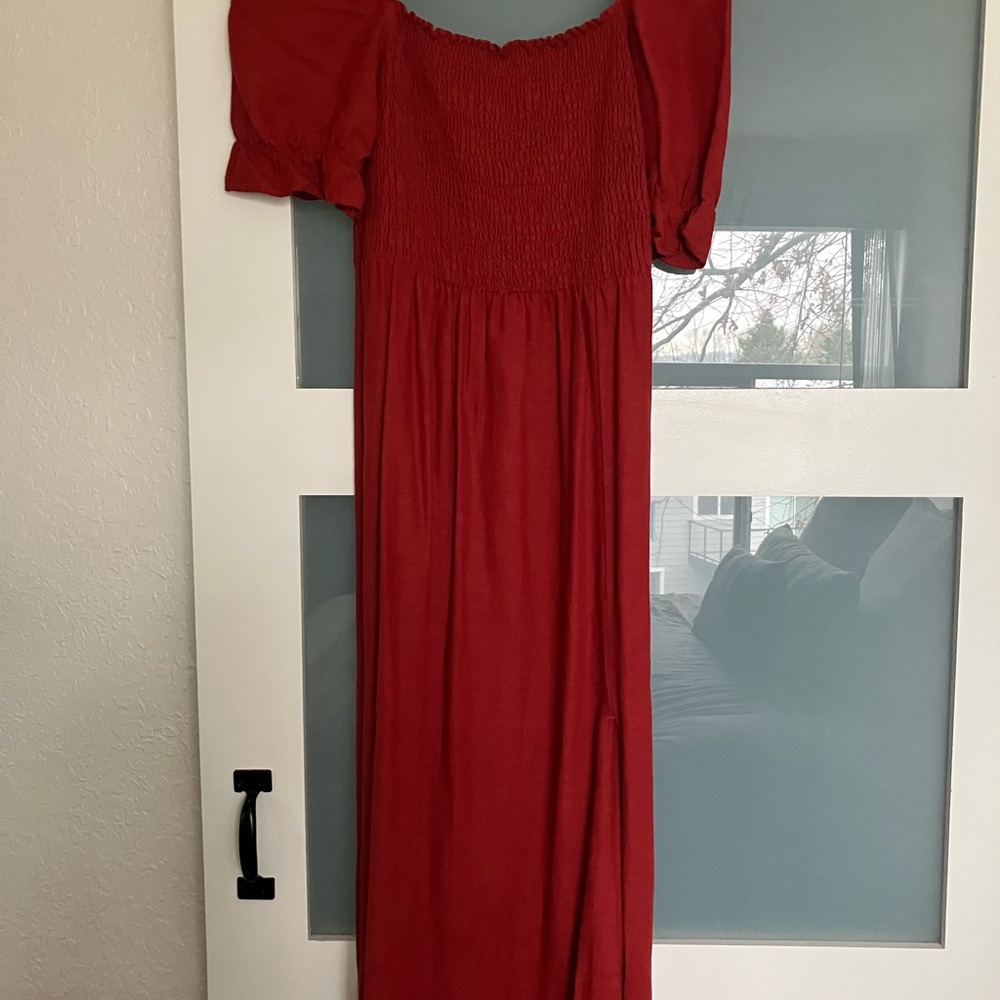 Linen Puff Sleeve Midi Dress